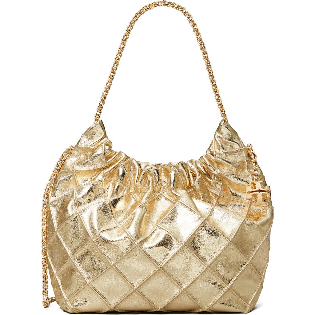 Tory Burch Mini Fleming Metallic Leather Hobo Bag In Gold