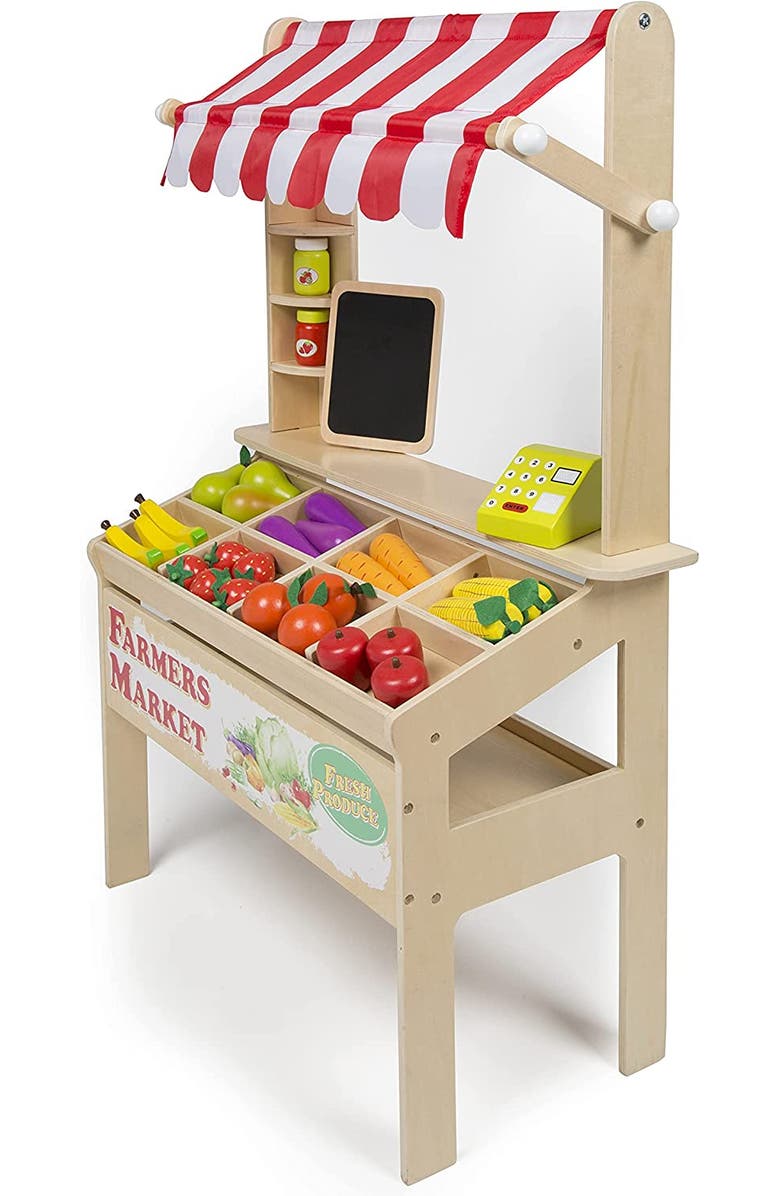 SVAN Wooden Farmers Market Stand Toy- 30+ Food Pcs w Chalkboard & Cash Register- Pretend Role Play, Alternate, color, Red
