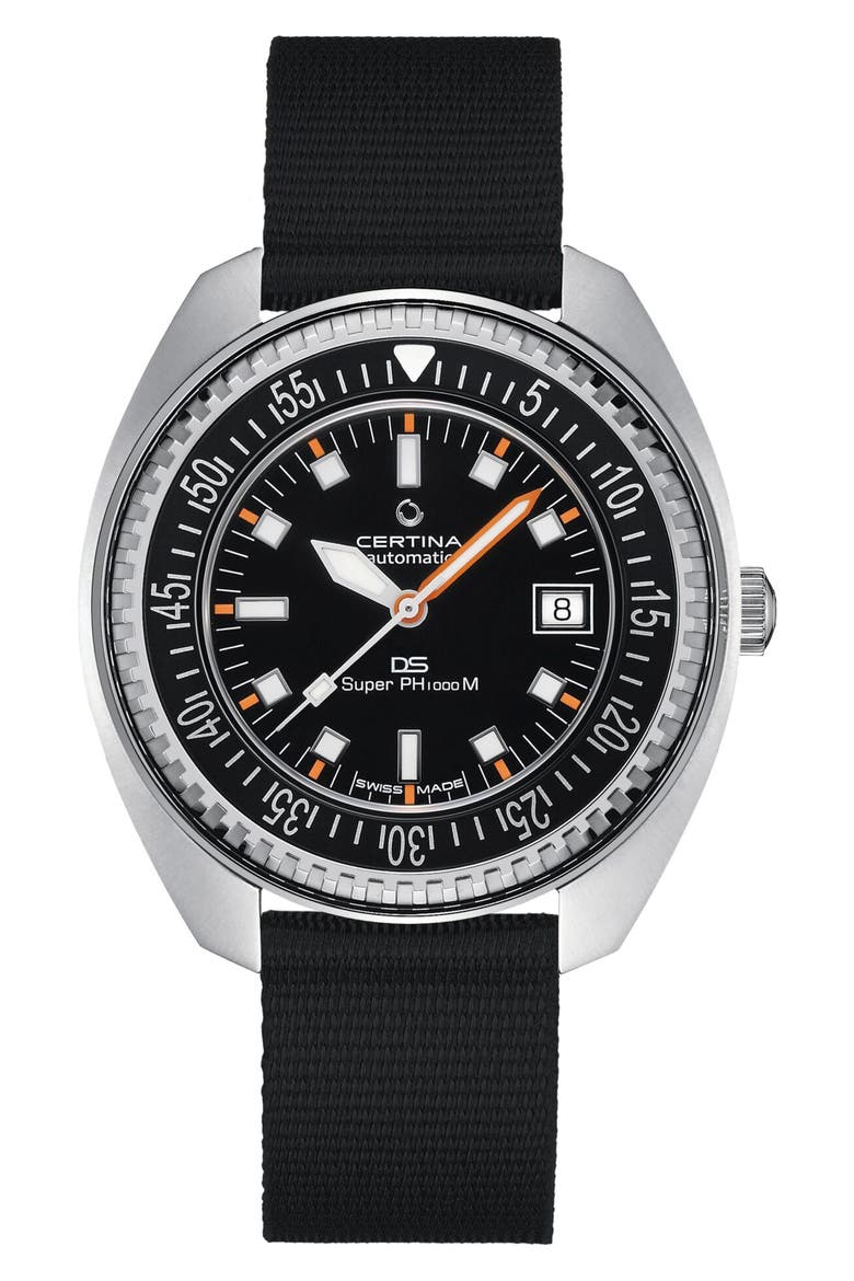 DS PH1000M Automatic Rubber Strap Watch, 43.5mm, Main, color, STAINLESS STEEL / BLACK