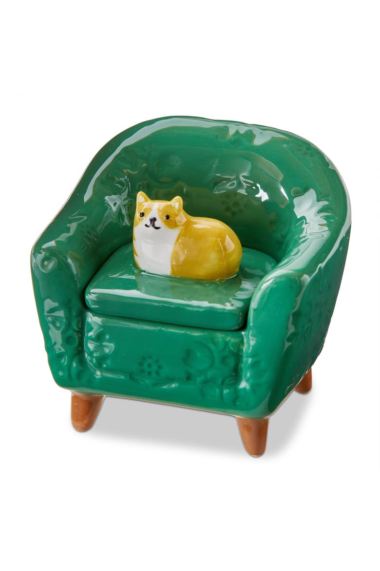 Orange Cat Chair Lidded Trinket Box Multi Earthenware Everyday, Main, color, Green