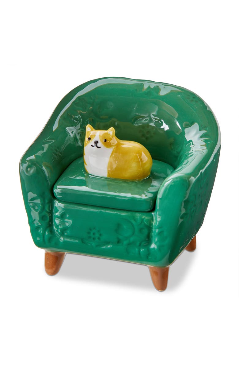 tag Orange Cat Chair Lidded Trinket Box Multi Earthenware Everyday, Main, color, Green