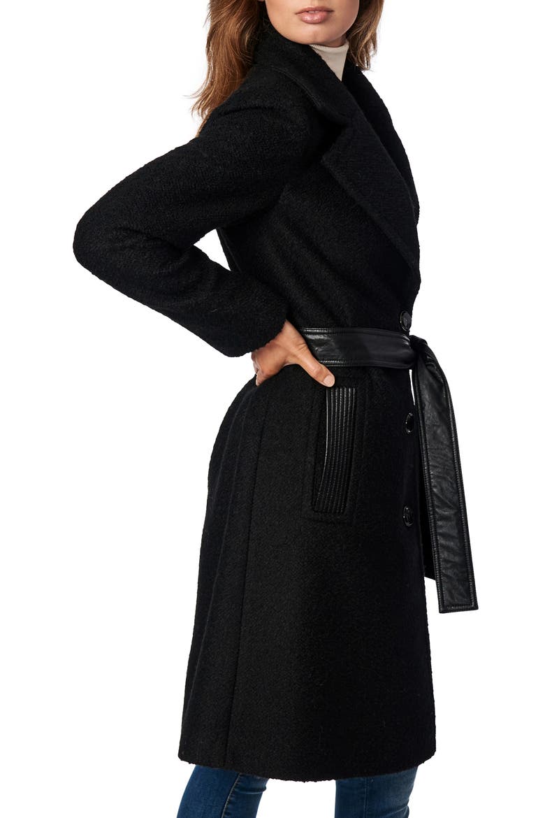 Faux Leather Detail Belted Coat, Alternate, color, BLACK