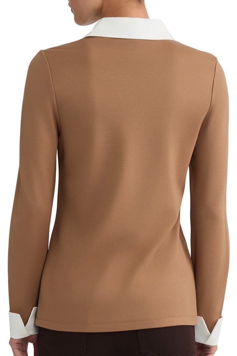 Poplin-Trimmed V-Neck Top, Alternate, color, CARAMEL/ NATURAL WHITE