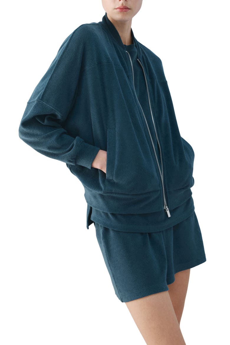 Cotton Blend Terry Bomber Jacket, Alternate, color, BLUE