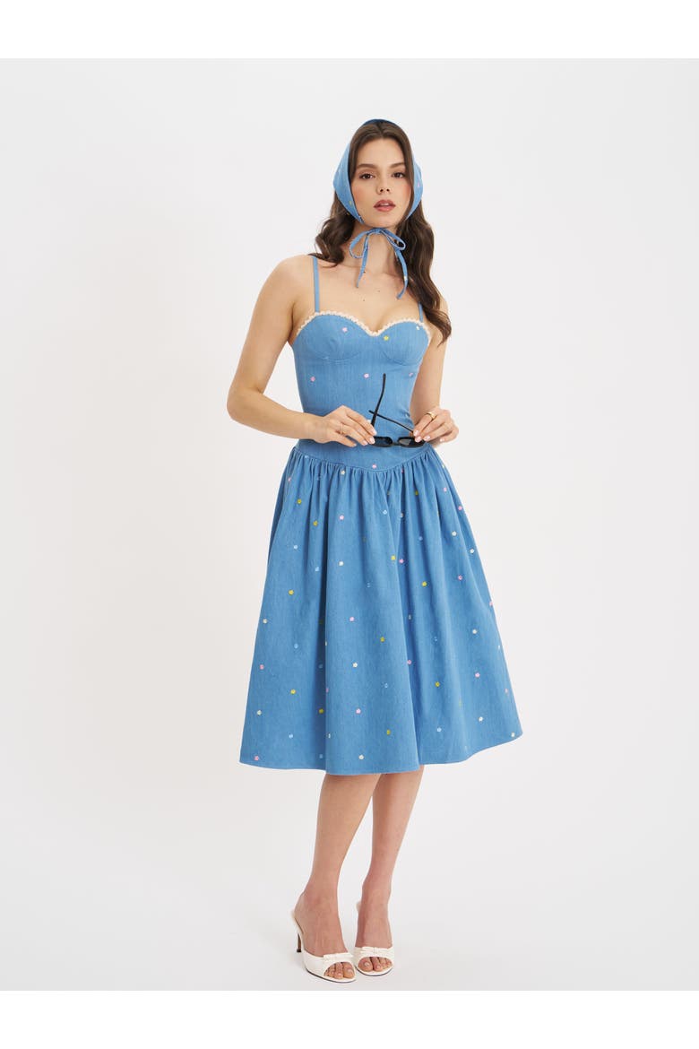 Zadie Denim Drop Waist Embroidery Flower Midi Dress, Alternate, color, Blue