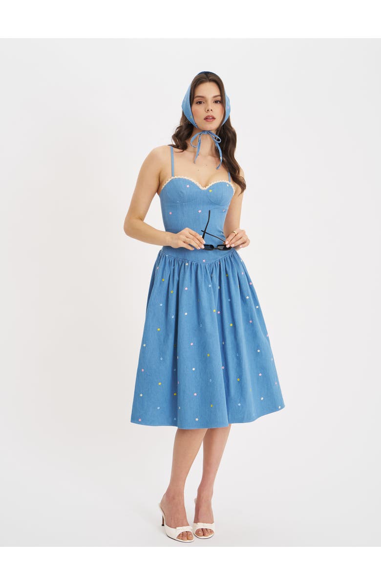 Miss Circle Zadie Denim Drop Waist Embroidery Flower Midi Dress, Alternate, color, Blue
