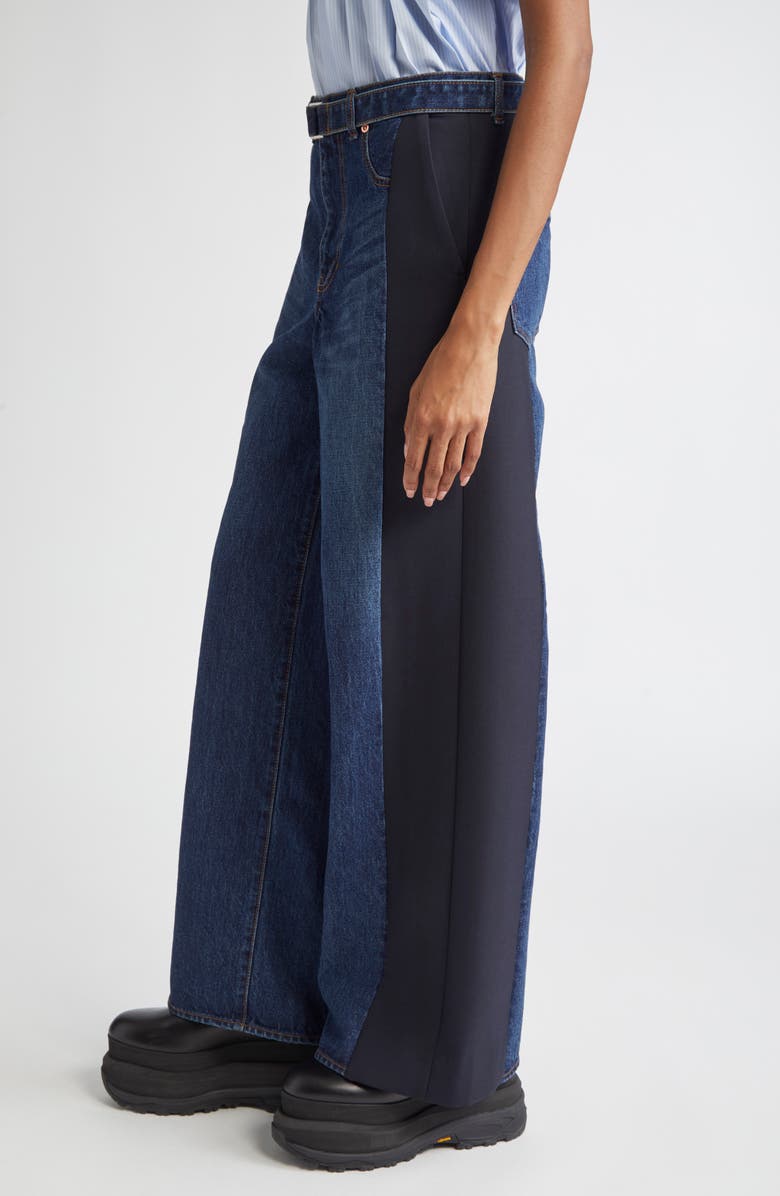 Sacai Mixed Media Belted Wide Leg Jeans, Alternate, color, 