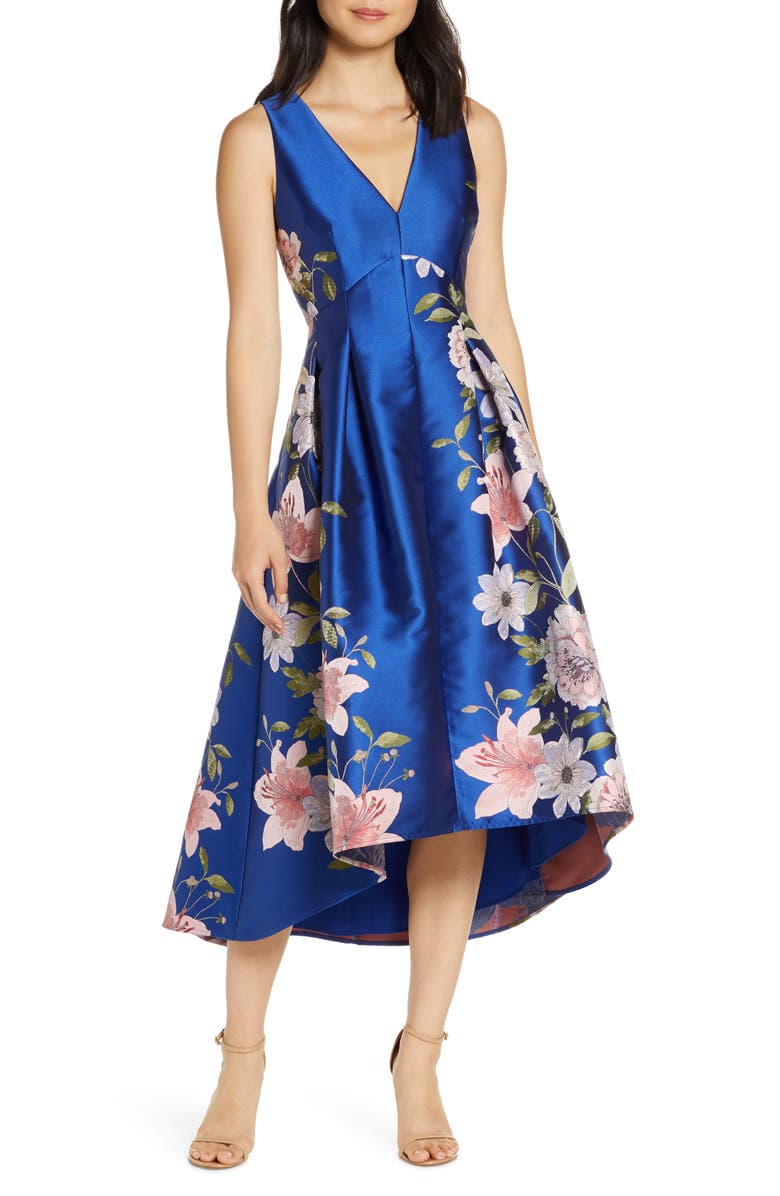 Eliza J Floral Print Satin Twill High/Low Fit & Flare Dress, Main, color, 