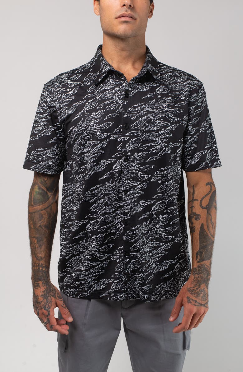 VAST Aqua Terra Midnight Camo Tech Short Sleeve Performance Button-Up Shirt, Main, color, Black