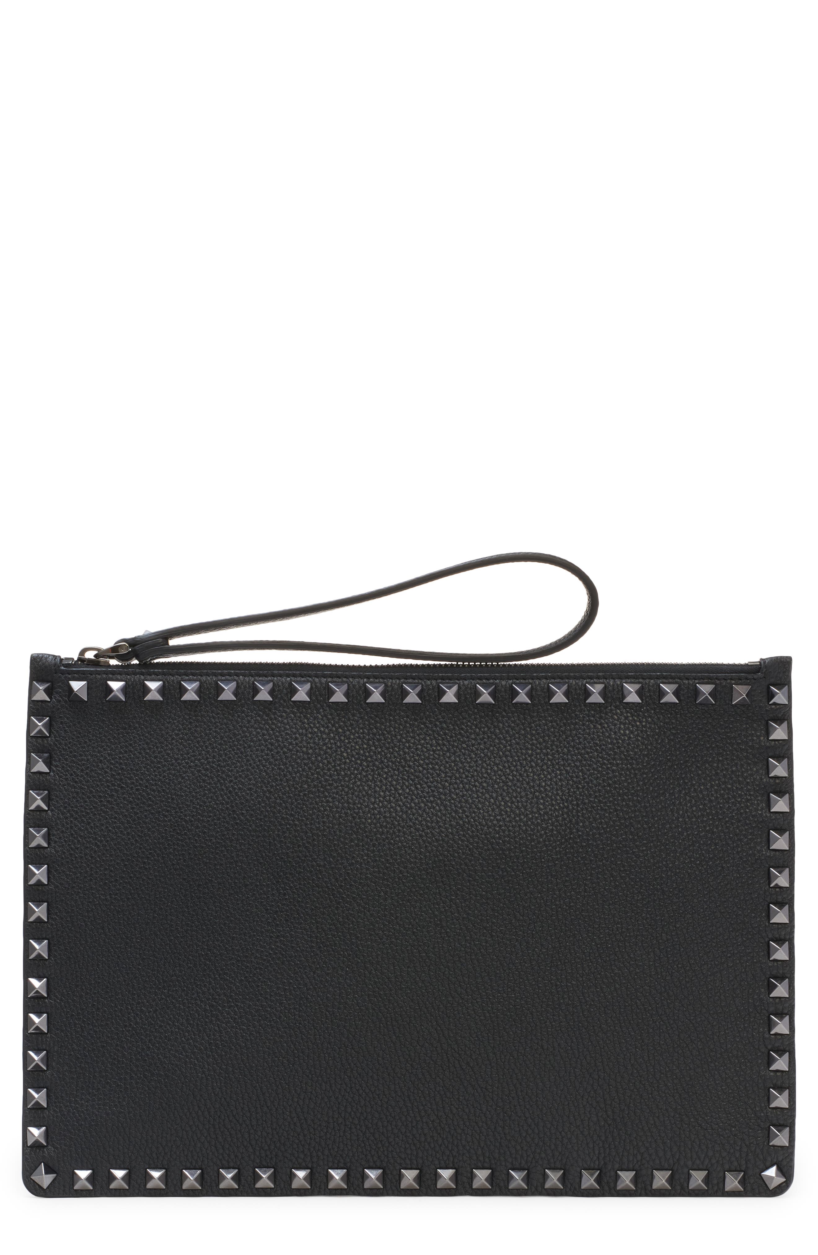 Rockstud Grainy Leather Pouch, Main, color, NERO
