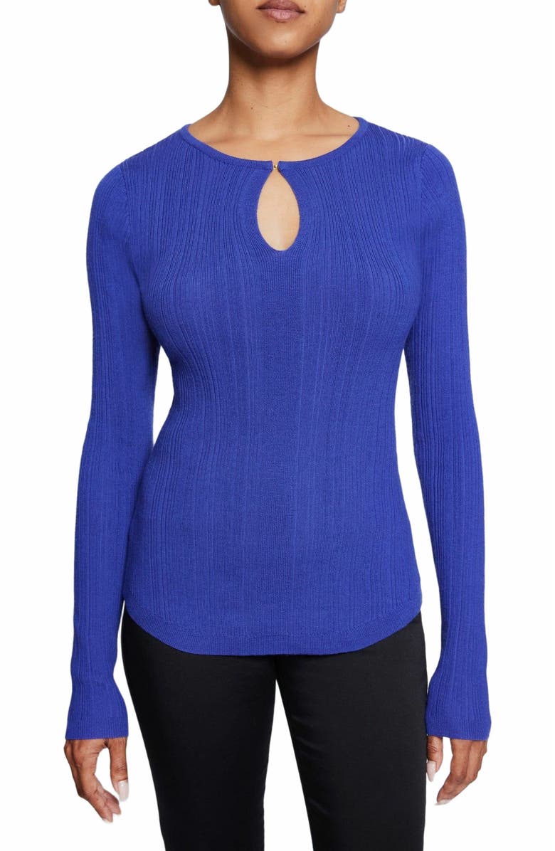 Santorelli Charlene Ribbed Keyhole Knit Top in Merino Wool, Main, color, Violet Blue