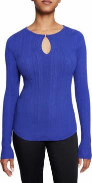 Santorelli Charlene Ribbed Keyhole Knit Top in Merino Wool