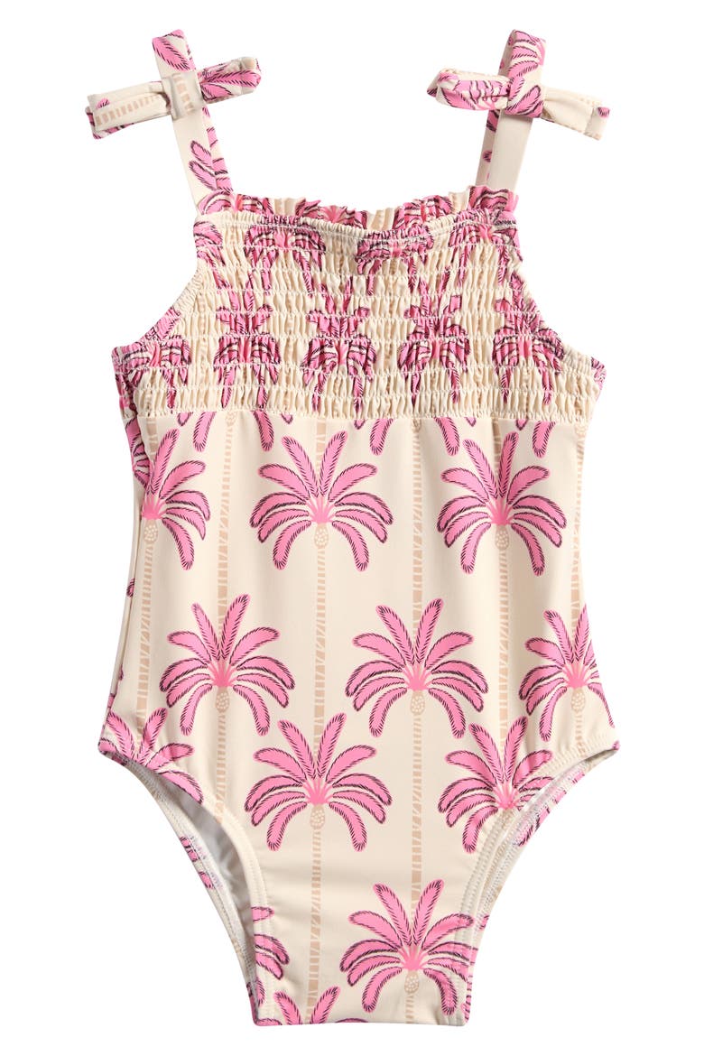 Palm Print Bow Detail One-Piece Swimsuit, Main, color, OFF WHITE