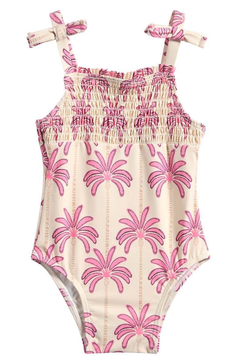 miles Palm Print Bow Detail One-Piece Swimsuit, Main, color, Off White
