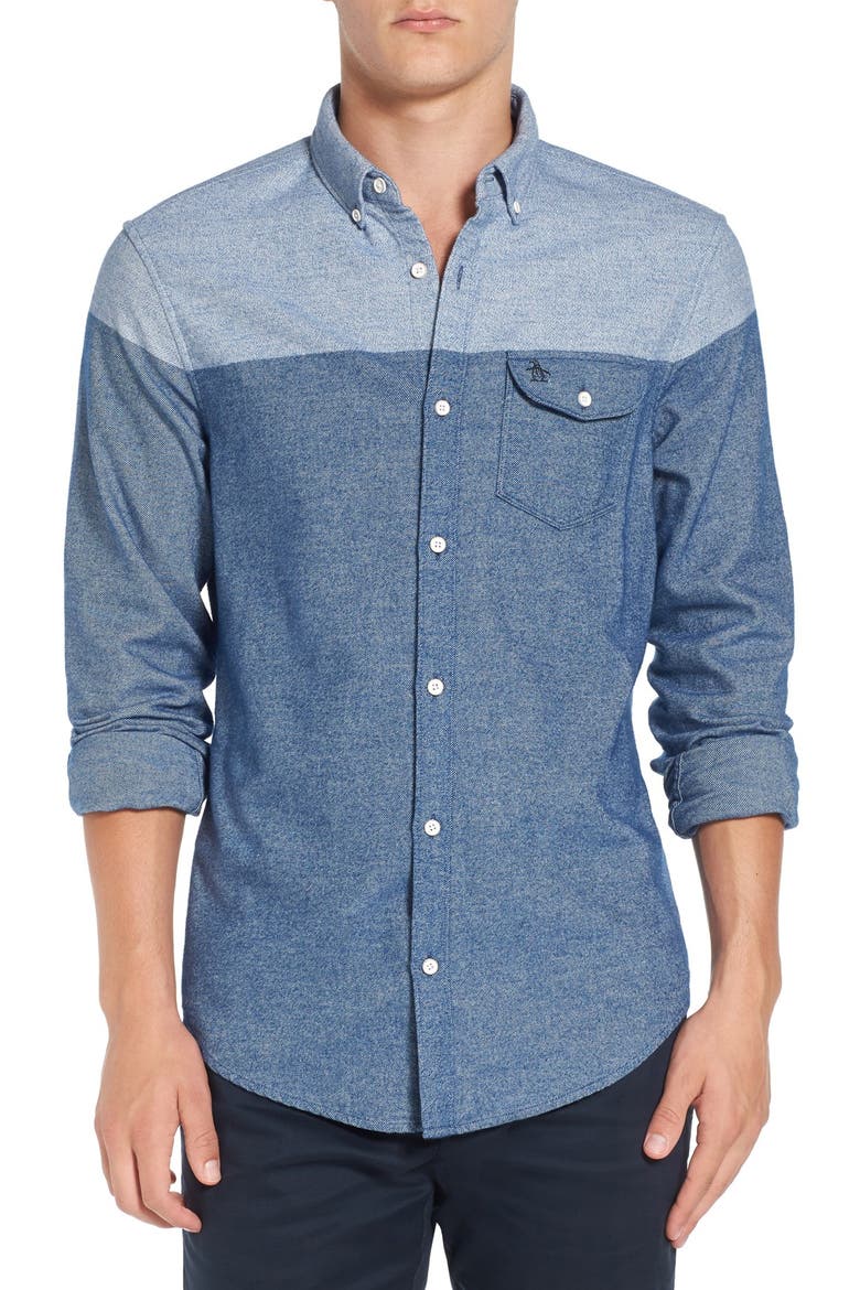Trim Fit Two-Tone Woven Shirt, Main, color, MEDIEVAL BLUE