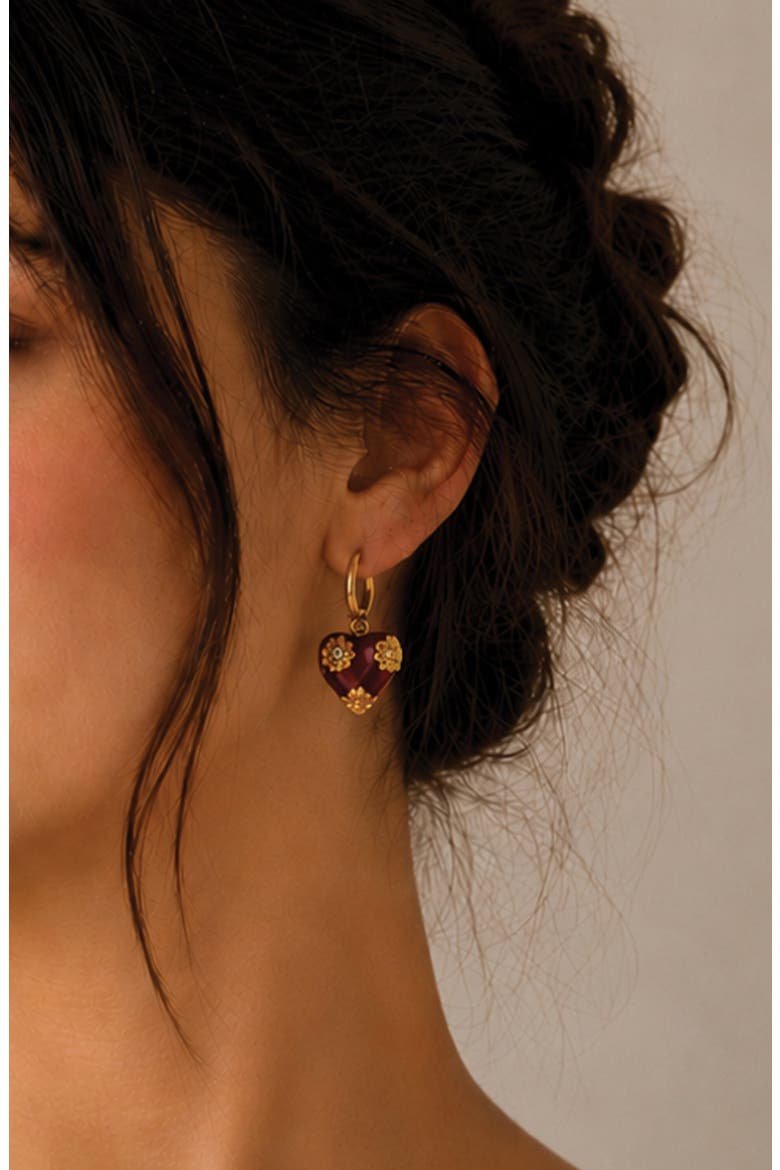 Petal Heart Drop Hoop Earrings, Alternate, color, GOLD/ BURGUNDY