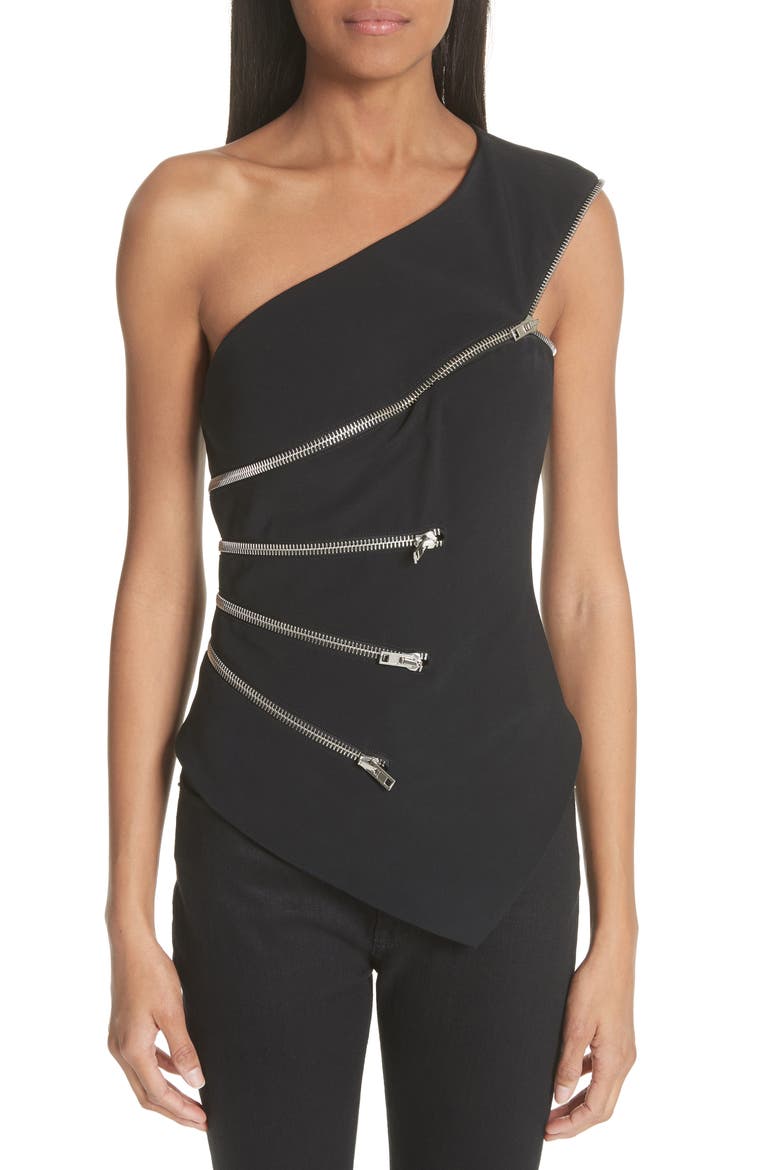 Zip Detail One Shoulder Top, Main, color, BLACK
