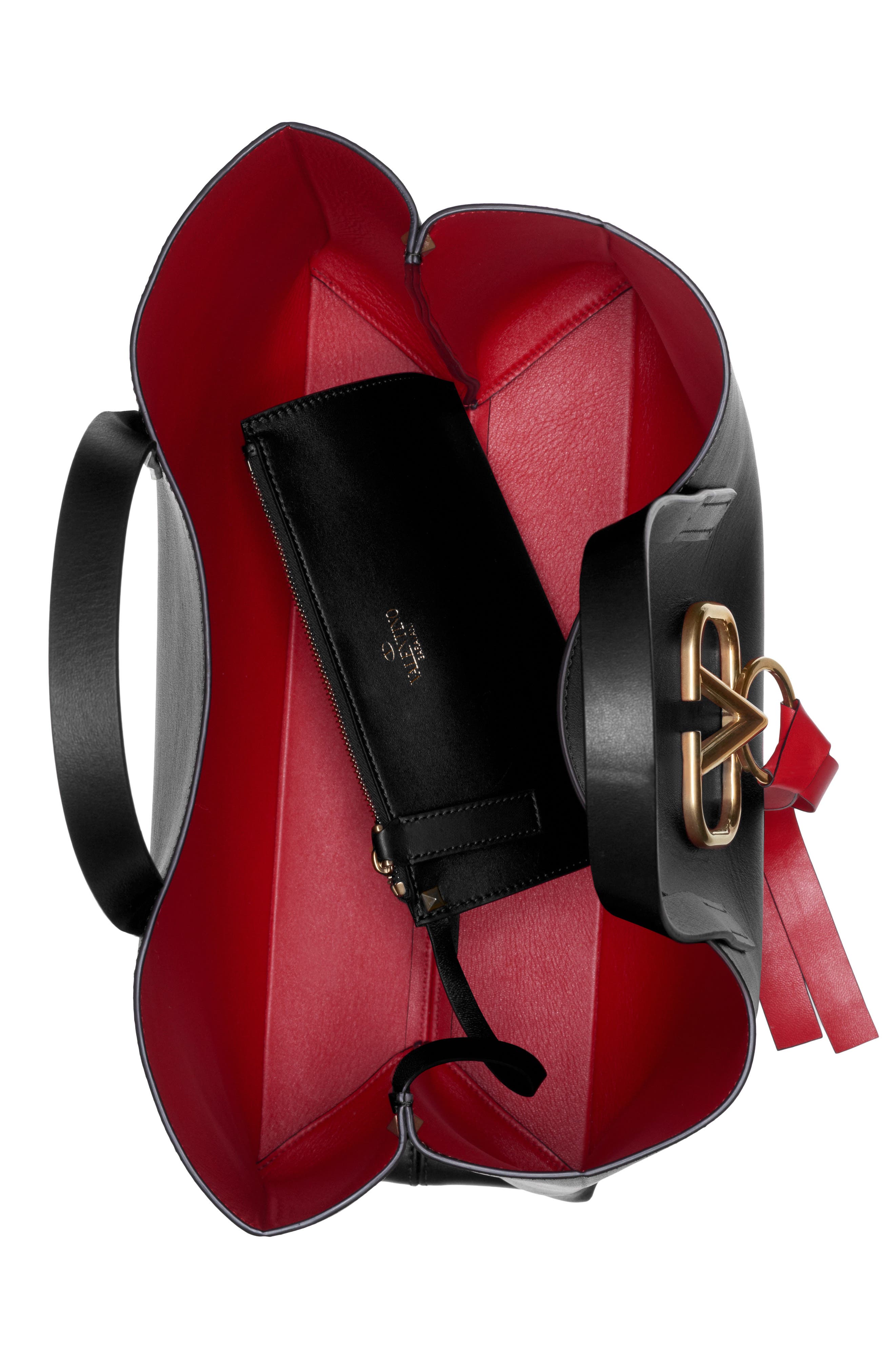 V-Ring Leather Tote, Alternate, color, NERO/ ROUGE PUR
