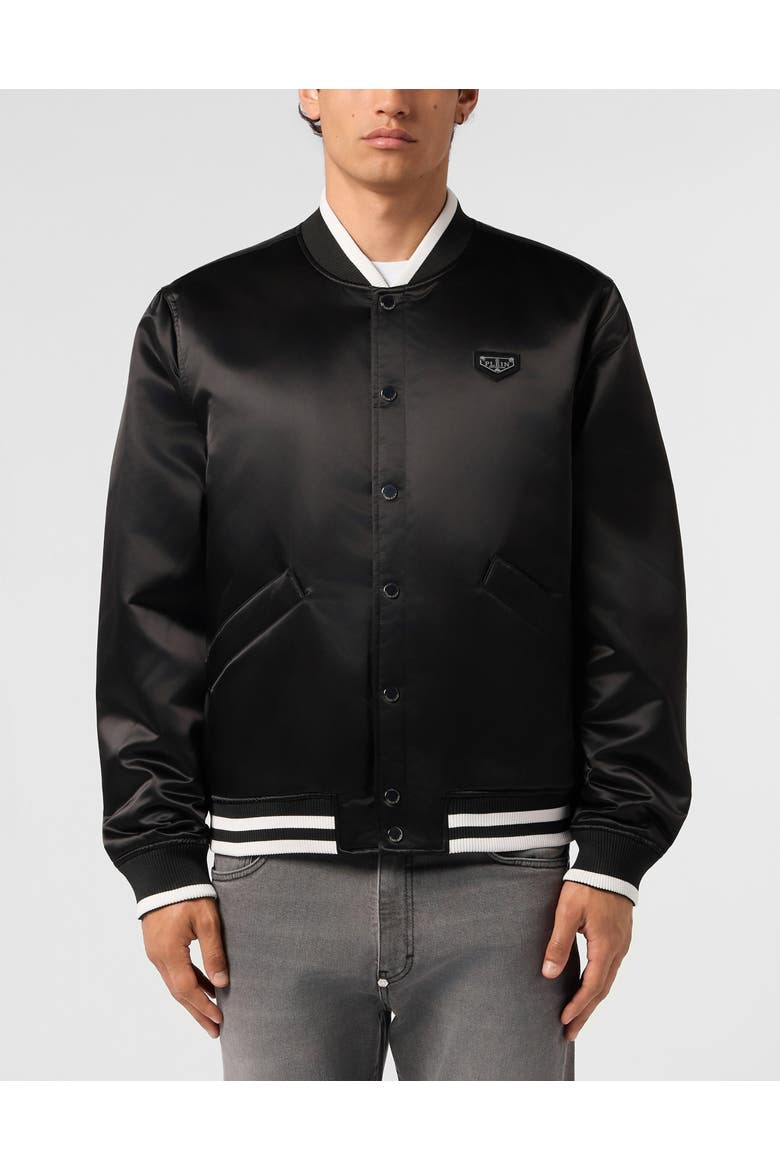 Satin College Bomber Plein Logo Men, Main, color, black