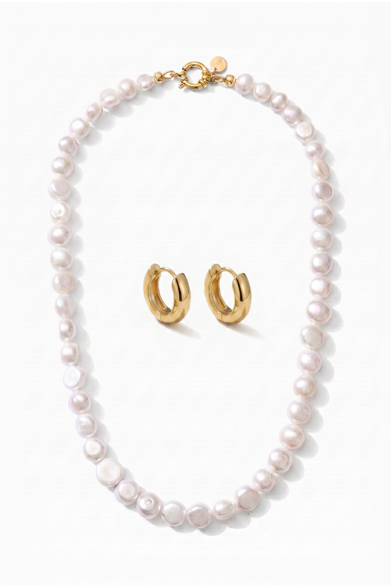 AA Baroque Freshwater Pearl Strand Necklace & Hoop Earring Set, Main, color, Metallic Gold