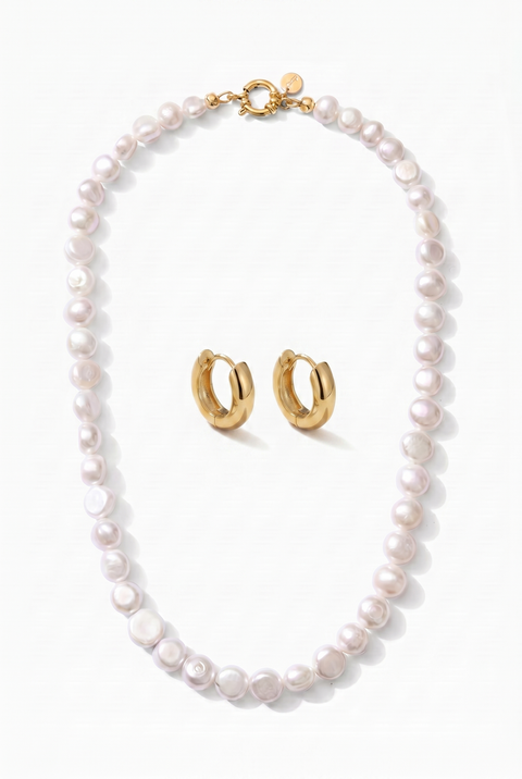 AA Baroque Freshwater Pearl Strand Necklace & Hoop Earring Set