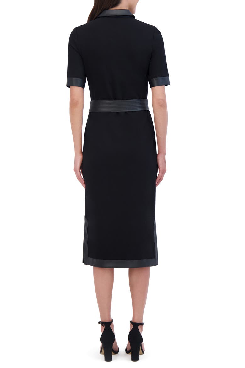 Faux Leather Trim Tie Waist Midi Dress, Alternate, color, BLACK