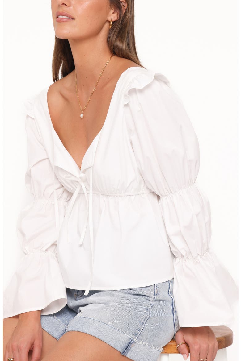 Ruffle Tie Front Peasant Top, Alternate, color, WHITE