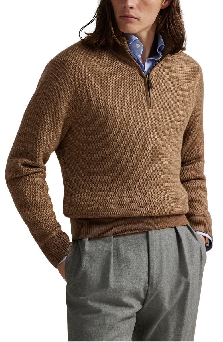 Polo Ralph Lauren Textured Wool Quarter Zip Sweater, Main, color, Camel Combo
