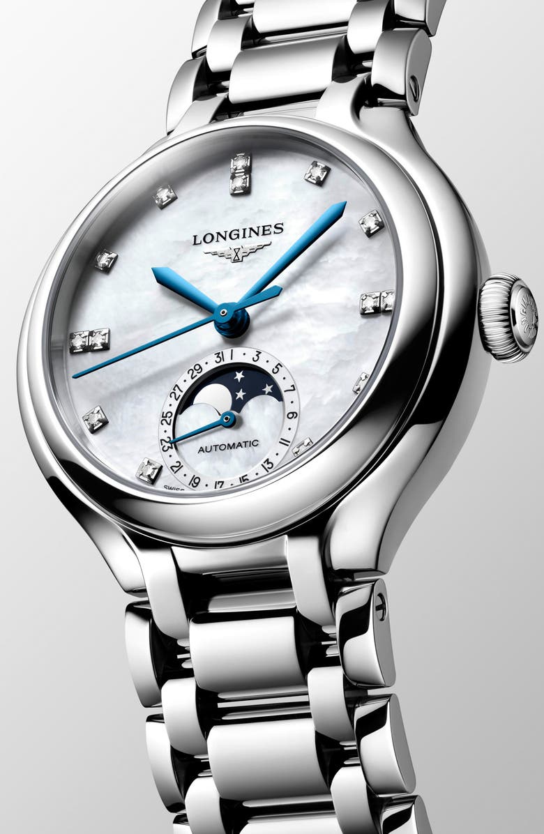 Longines PrimaLuna Moonphase Mother-of-Pearl Bracelet Watch, 34mm, Alternate, color, White Mother-Of-Pearl