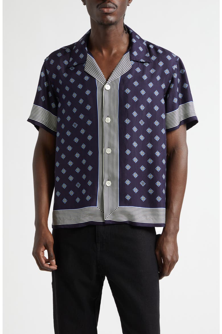 Foyer Diamond Print Short Sleeve Silk Button-Up Shirt, Main, color, NAVY BLUE