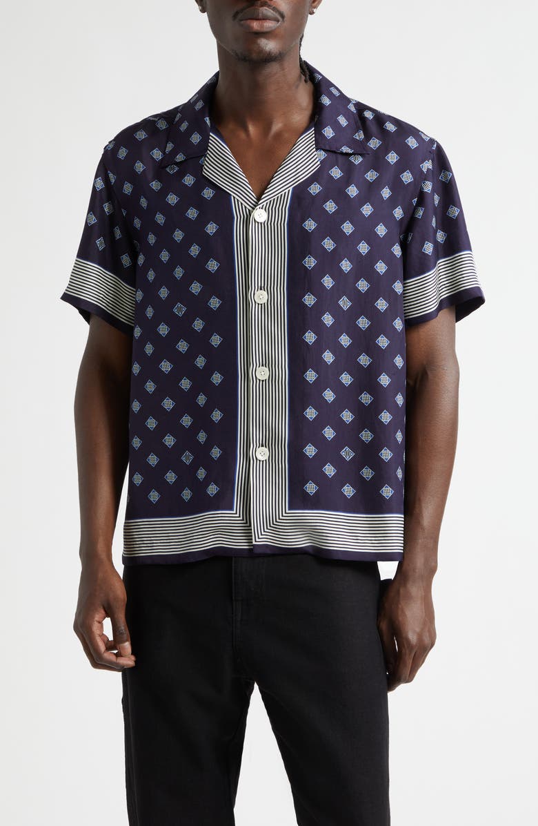 Bode Foyer Diamond Print Short Sleeve Silk Button-Up Shirt, Main, color, Navy Blue