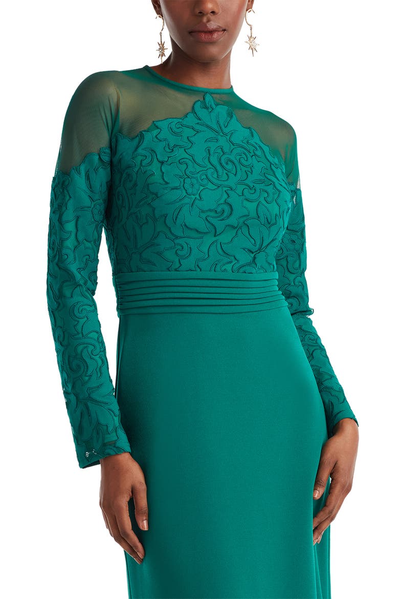 Embroidered Illusion Lace Long Sleeve Sheath Gown, Alternate, color, EMERALD