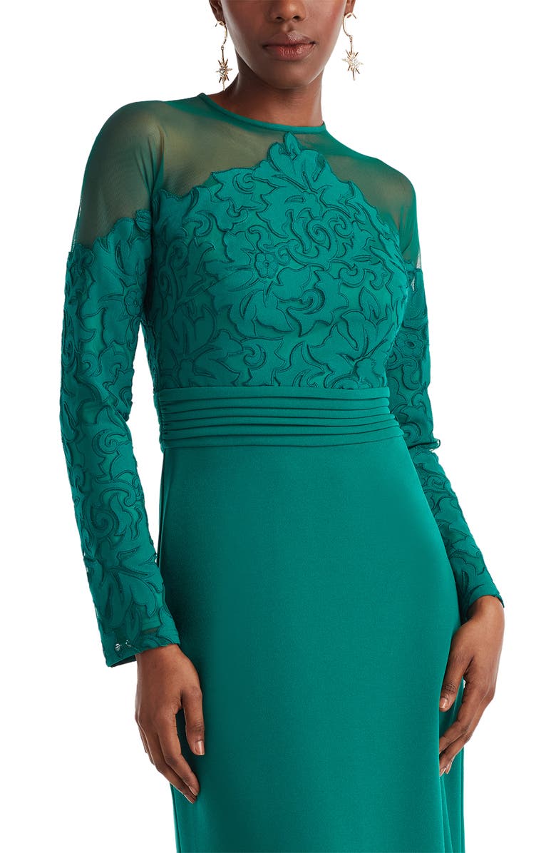 Tadashi Shoji Embroidered Illusion Lace Long Sleeve Sheath Gown, Alternate, color, Emerald