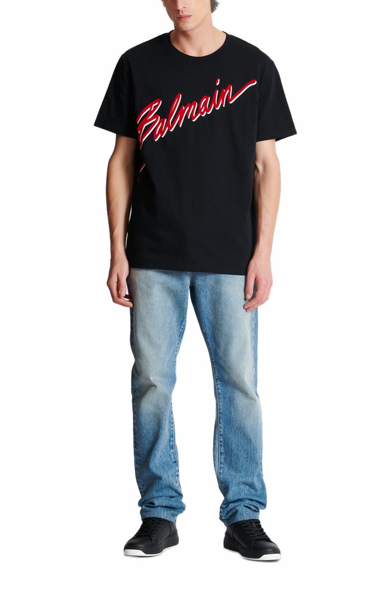 Balmain T-Shirt With Flocked Balmain Letter Logo, Alternate, color,
