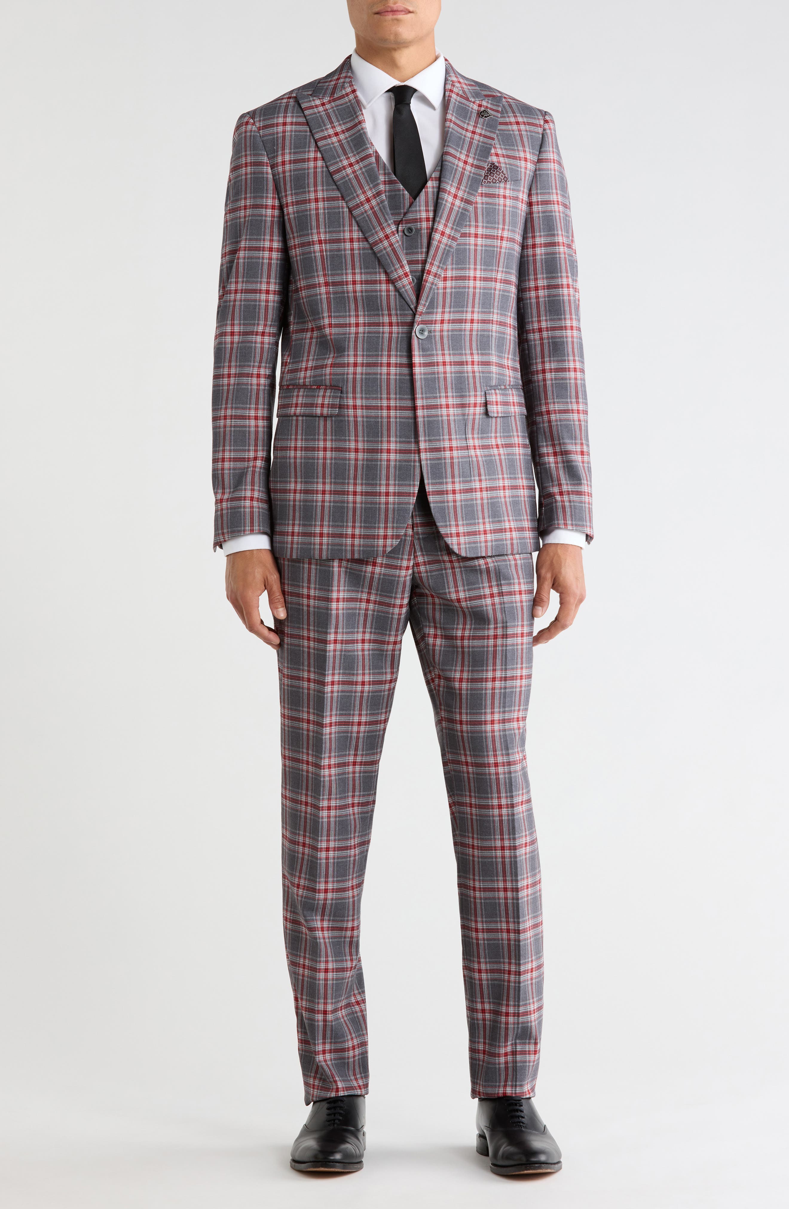 Stacy Adams Windowpane Plaid 3-piece Suit In Charcoal / Red