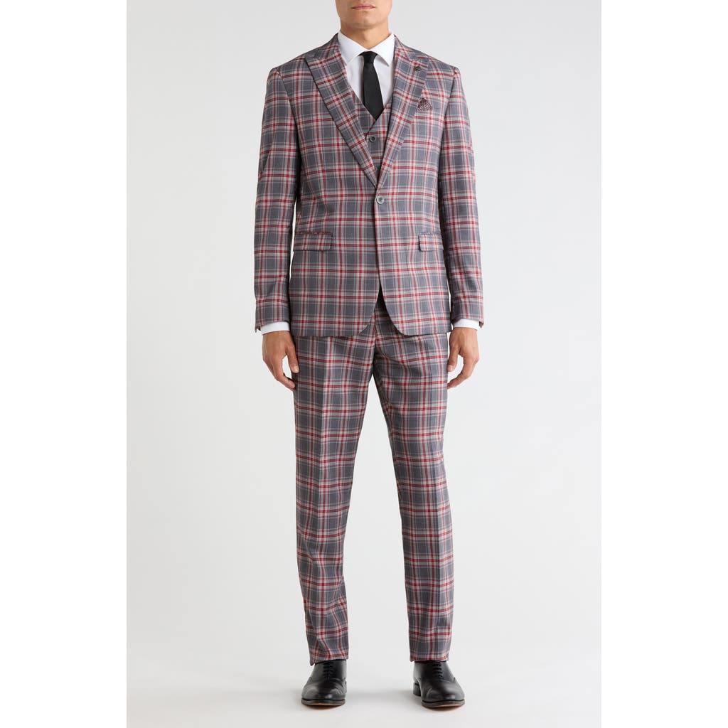 Stacy Adams Windowpane Plaid 3-piece Suit In Charcoal / Red
