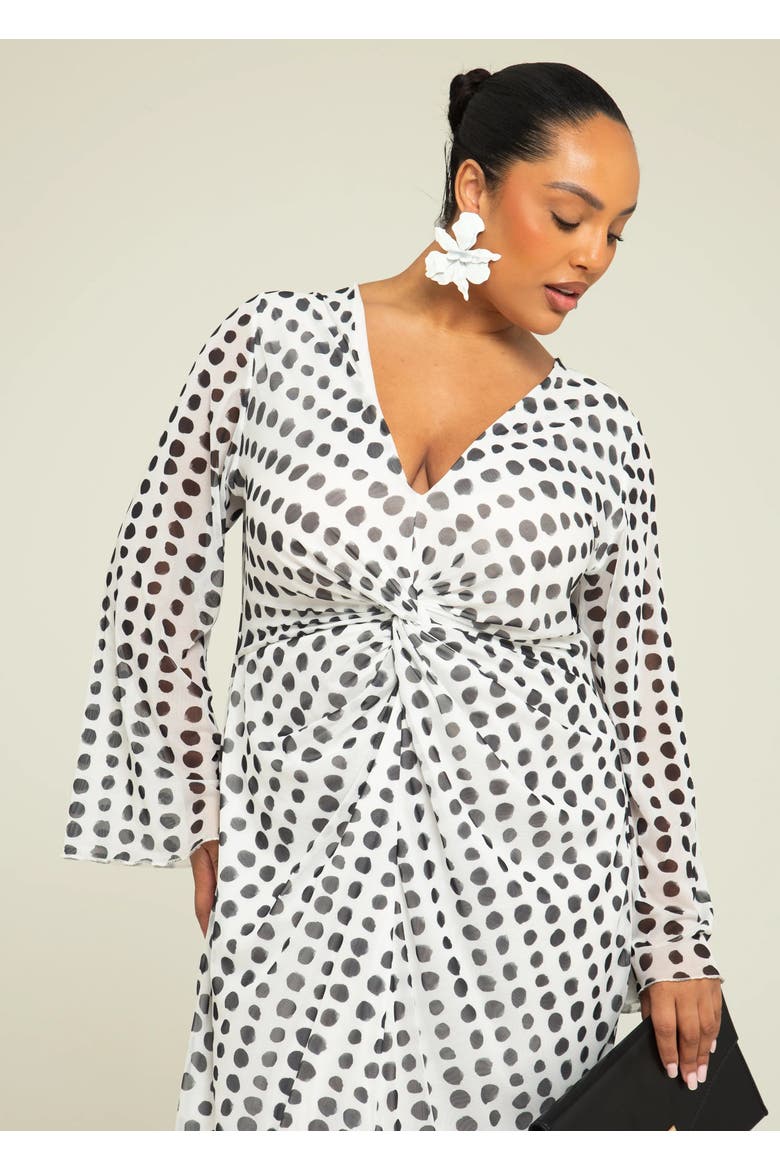 Long Sleeve V-Neck Polka Dot Midi Dress, Alternate, color, White
