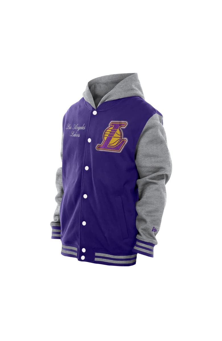 New Era Men's New Era  Purple Los Angeles Lakers Throwback Prep Chenille Full-Snap Hooded Varsity Jacket, Alternate, color, Purple