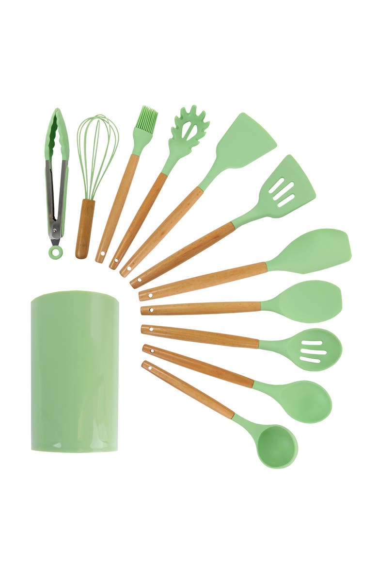 Silicone and Wood Cooking Utensils, Set of 12, Main, color, Mint Green