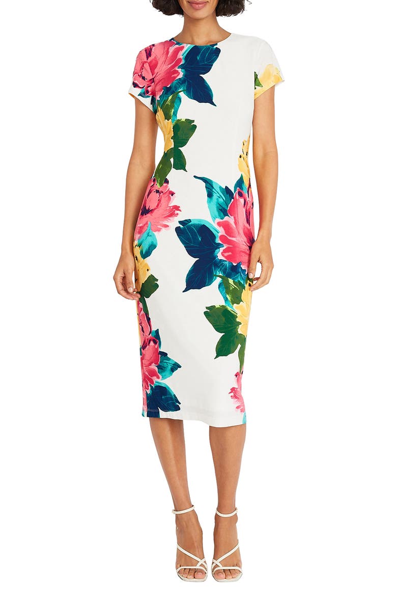 Floral Short Sleeve Jersey Midi Dress, Main, color, SOFT WHITE/ CORAL PINK