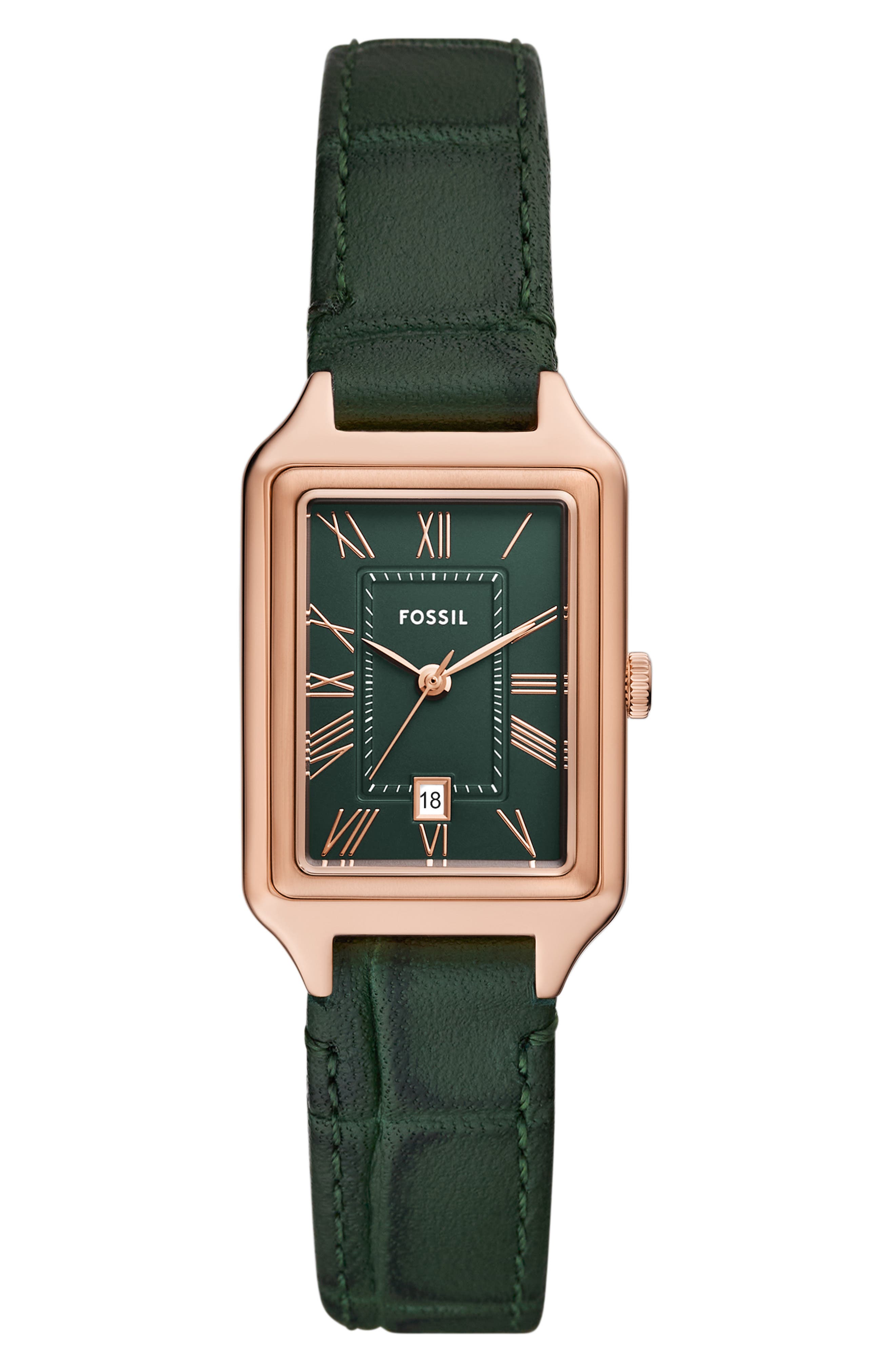 Fossil Raquel Croc Embossed Leather Strap Watch, 23mm in Green 