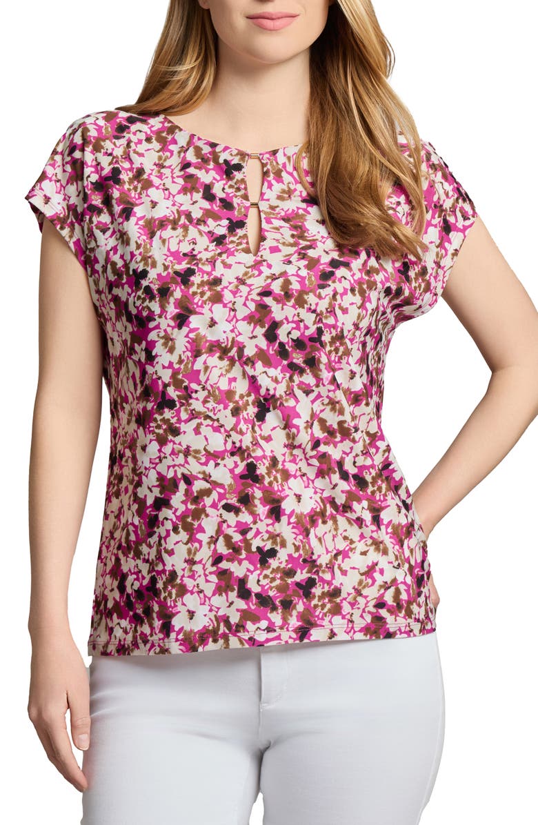 Jones New York Floral Print Keyhole Crepe Knit Top, Main, color, 