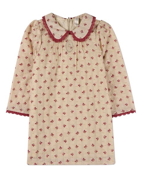 Embroidered-Bow Pointelle Lace-Trim Mini-Print Dress