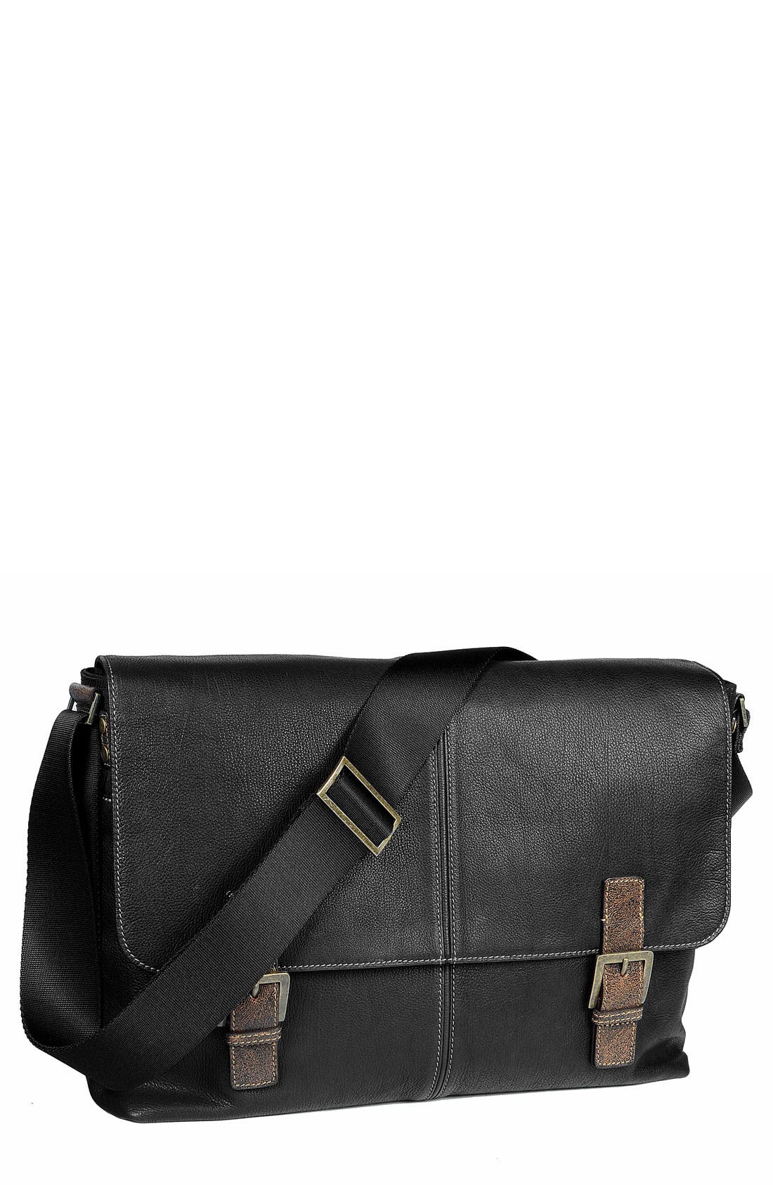 Double Buckle Messenger Bag, Main, color, BLACK