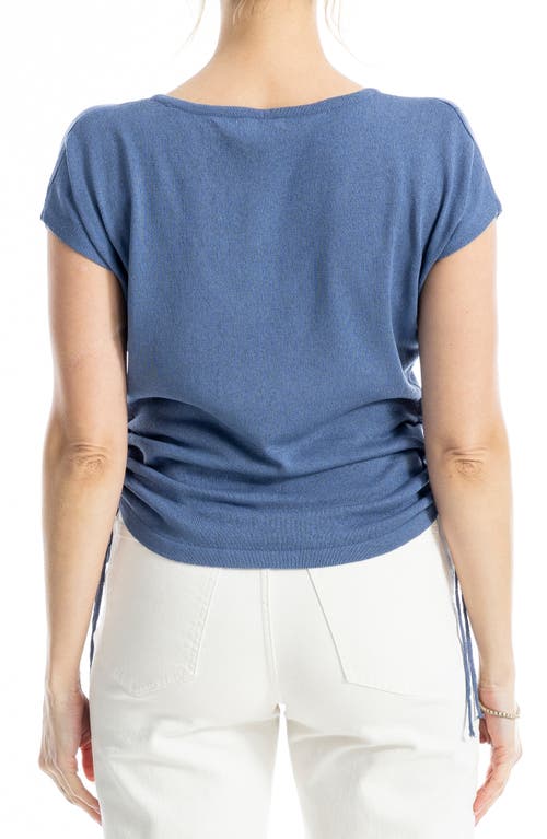 Max Studio Side Ruched Short Sleeve V-neck Sweater In Denim