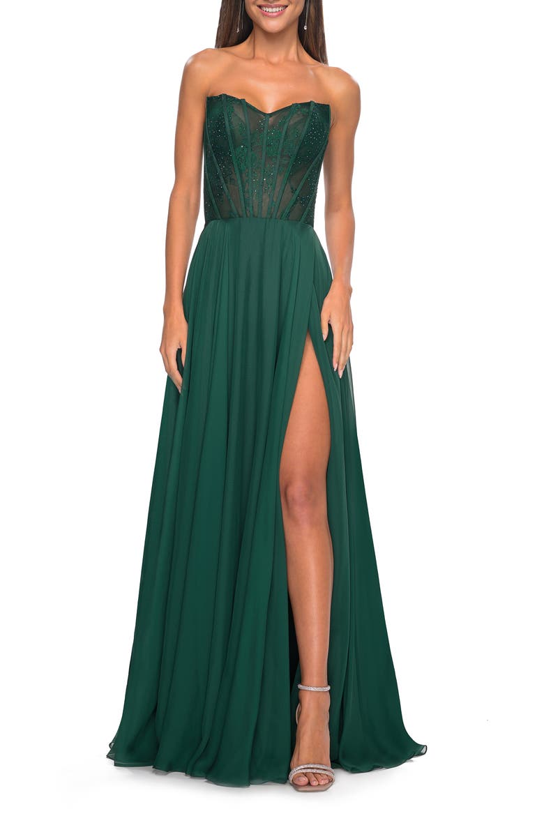 Strapless Chiffon Prom Gown with Lace Illusion Bodice, Main, color, Dark Emerald