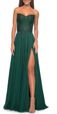 La Femme Strapless Chiffon Prom Gown with Lace Illusion Bodice