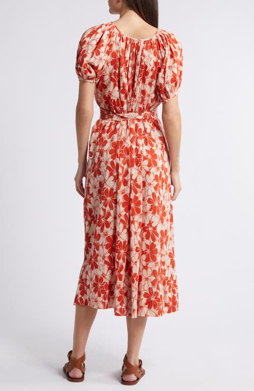 The Great . The Seascape Floral Crinkle Cotton Dress In Burnt Red Hibiscus Flower