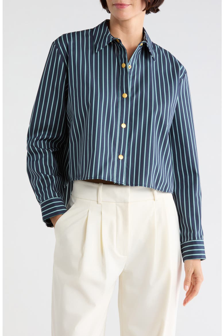Cosette Cropped High-Low Striped Shirt, Main, color, MIDNIGHT/ BOTTLE GREEN STRIPE