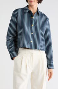 L'AGENCE Cosette Cropped High-Low Striped Shirt